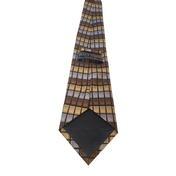 Bijoux Terner Mens Handmade Silk Neck Tie Brown Gold Silver Geometric Work Daily - Picture 4 of 12
